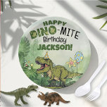 Cute Dino-Mite Kids Name Dinosaur Birthday Party Paper Plate<br><div class="desc">These super cute 3.5x5 ft. cartoon t-rex Happy Dino-mite Birthday Party paper plates, with personalised birthday boy / girl name, is the perfect table decoration for your little one's dinosaur Jurassic theme birthday party! Designed to match kid's birthday party invitations, paper napkins, banner, birthday year t-shirts, and other party decorations,...</div>
