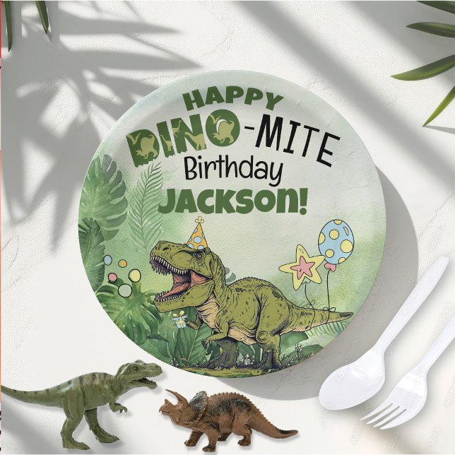Cute Dino-Mite Kids Name Dinosaur Birthday Party Paper Plate (Cute dinosaur Jurassic theme Happy Dino-mite Birthday boy name party  paper plates table decorations)