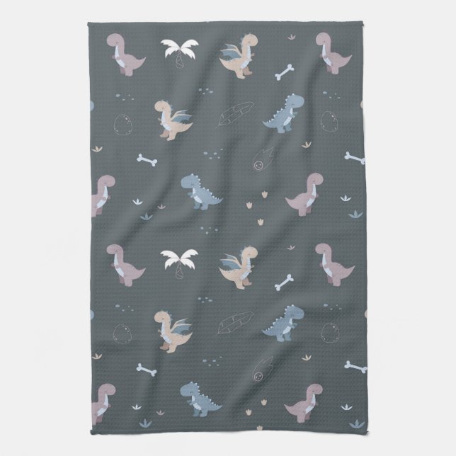 Cute Dino Patern Bluish Grey Kitchen Towel (Vertical)