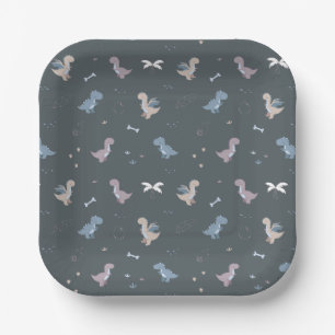 Cute Dino Patern Bluish Grey Paper Plates
