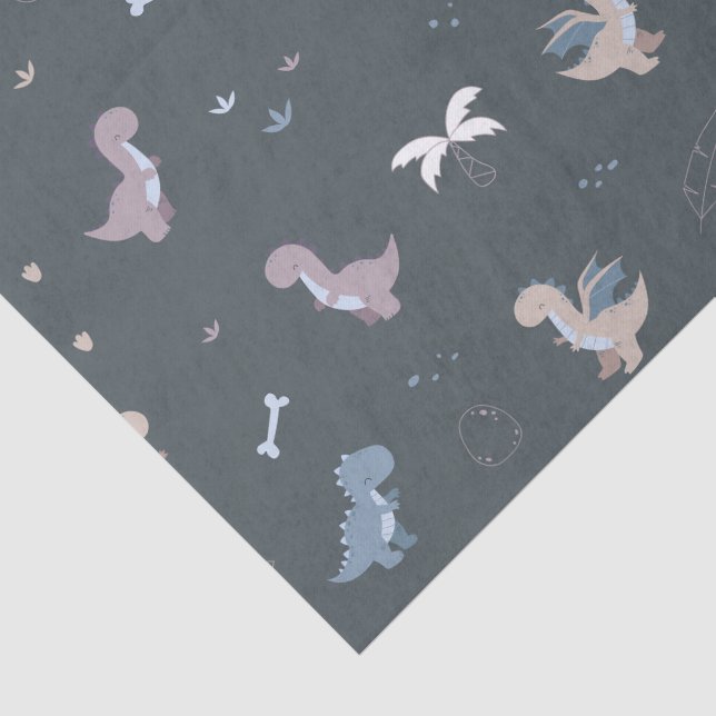 Cute Dino Patern Bluish Grey Tissue Paper (Detail)