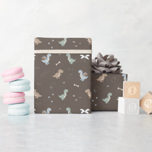 Cute Dino Patern Brown Wrapping Paper Roll