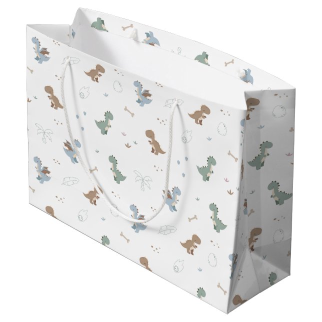 Cute Dino Patern White Large Gift Bag (Back Angled)