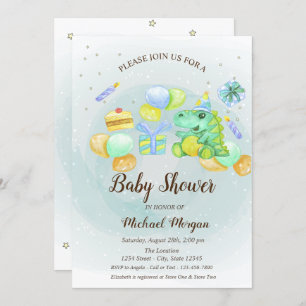 Cute dino Presents,Balloons,Cake Invitation