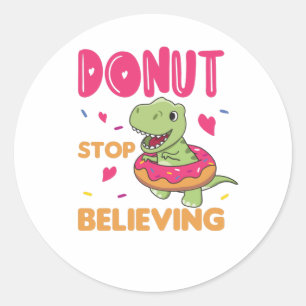 Cute Dino T-Rex Funny Animals In Donut Pun Classic Round Sticker