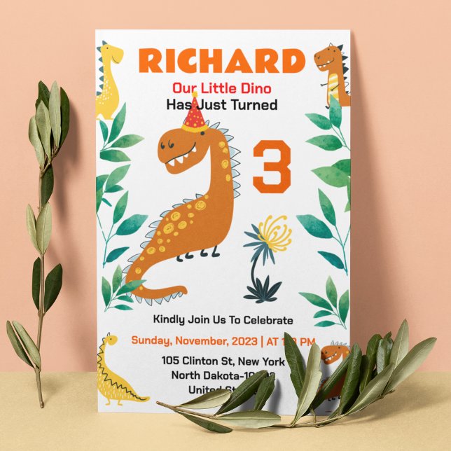 Cute Dino Themed Kid's Birthday Party Invitation (Creator Uploaded)