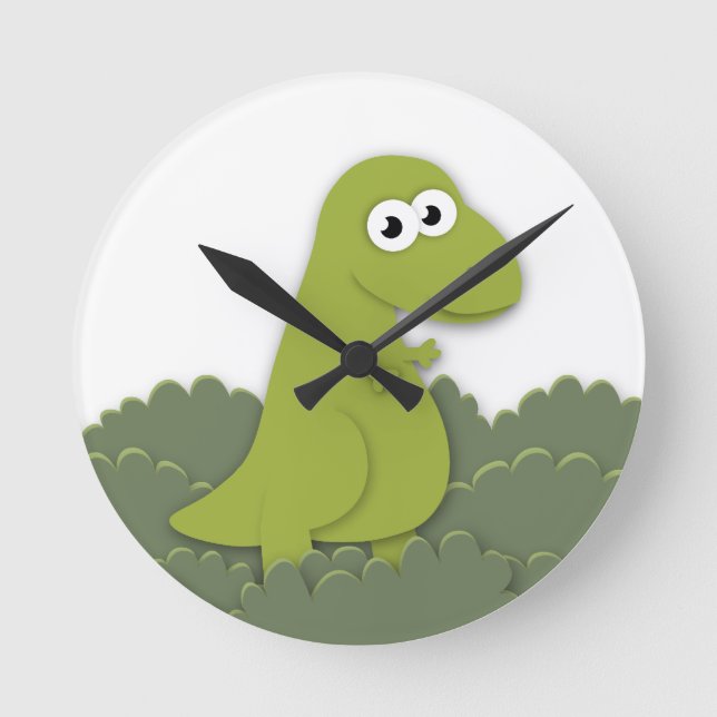 Cute Dino Trex Illustration Round Clock (Front)