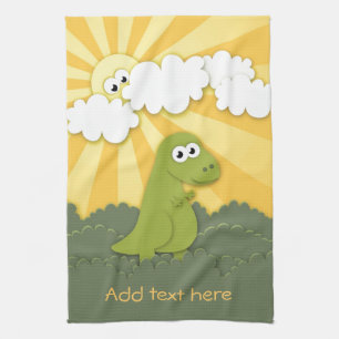 Cute Dino Trex in Sunshine Cartoon Tea Towel