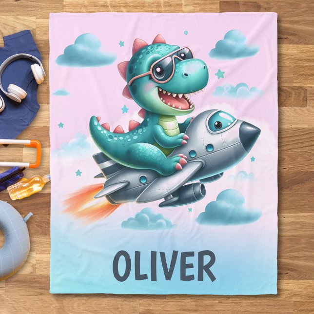 Cute Dino Trex Pilot Flying Jet Aircraft Fleece Blanket (Creator Uploaded)