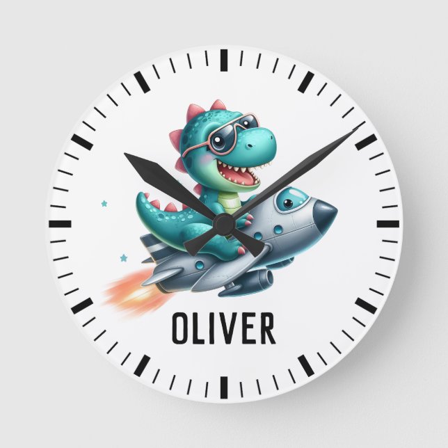 Cute Dino Trex Pilot Flying Jet Aircraft Round Clock (Front)