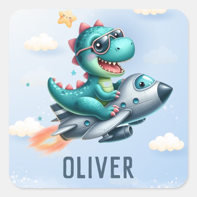 Cute Dino Trex Pilot Flying Jet Aircraft Square Sticker (Front)