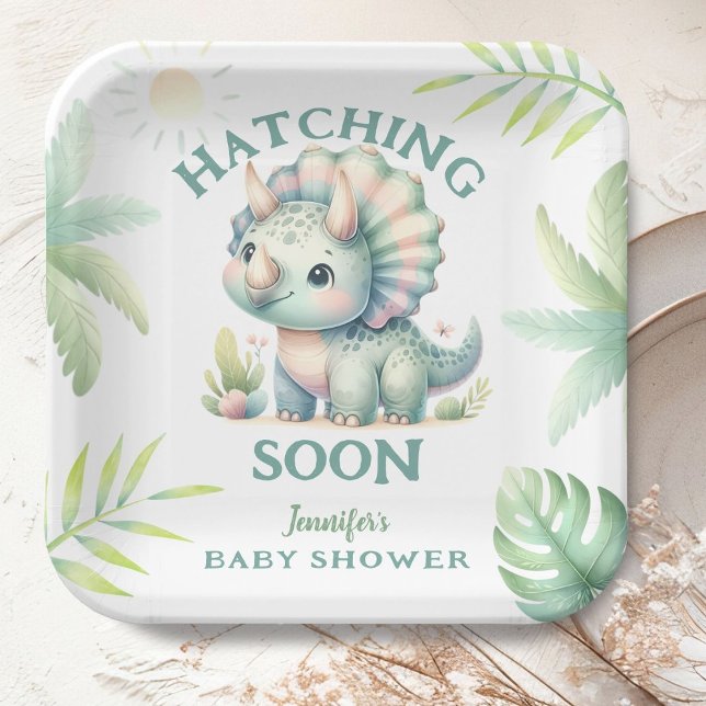 Cute Dino Triceratops Dinosaur Green Baby Shower Paper Plate (Creator Uploaded)
