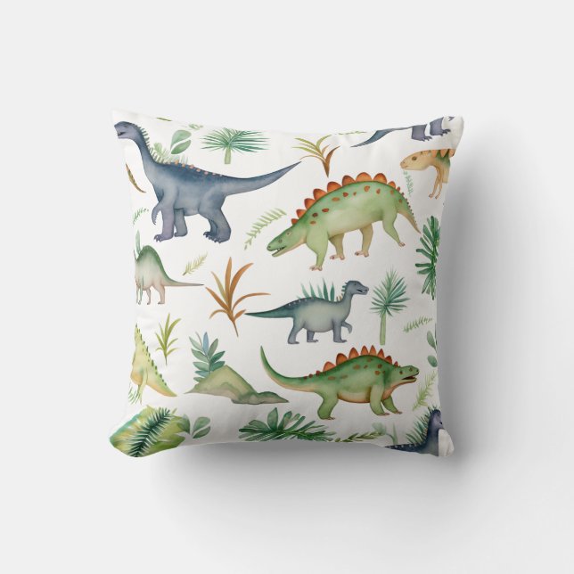 Cute Dino Watercolor Green Pattern Kids Cushion (Front)