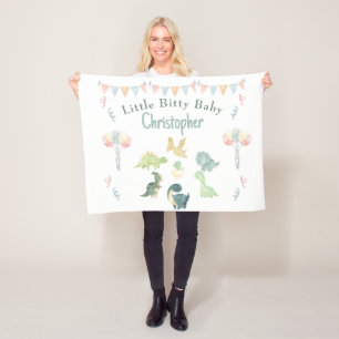 Cute Dino Watercolor Personalised Teal Blue Baby Fleece Blanket