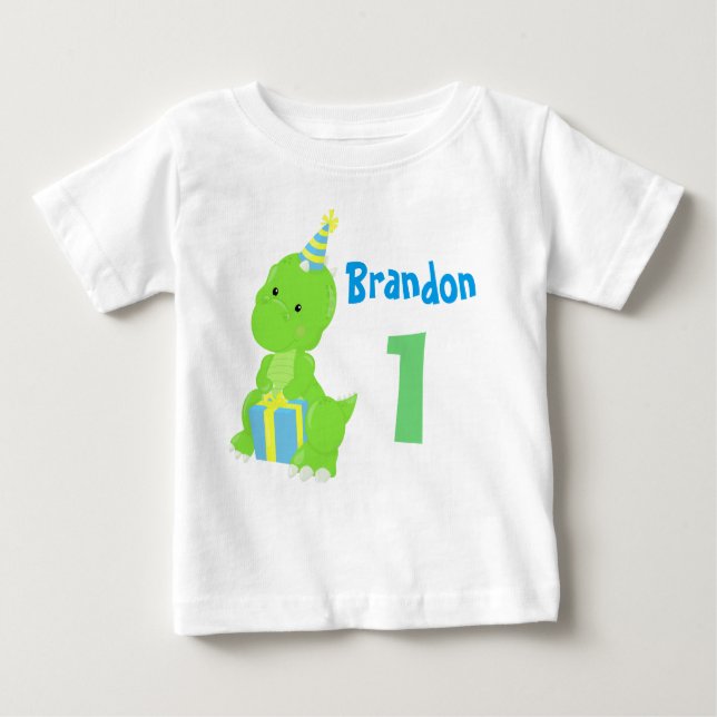 Cute Dinosaur 1st Birthday Blue Green Dino Boy Baby T-Shirt (Front)
