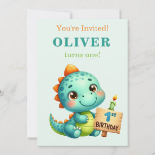 Cute Dinosaur 1st Birthday Invitation