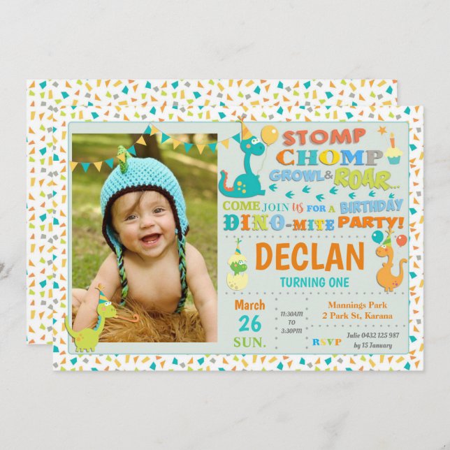 Cute Dinosaur 1st Birthday Party Boy Photo Invitation (Front/Back)