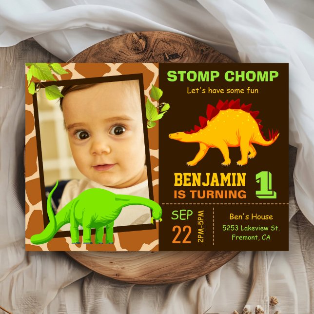 Cute Dinosaur 1st Birthday Party Photo Invitation (Creator Uploaded)