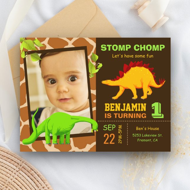 Cute Dinosaur 1st Birthday Party Photo Invitation Postcard (Creator Uploaded)