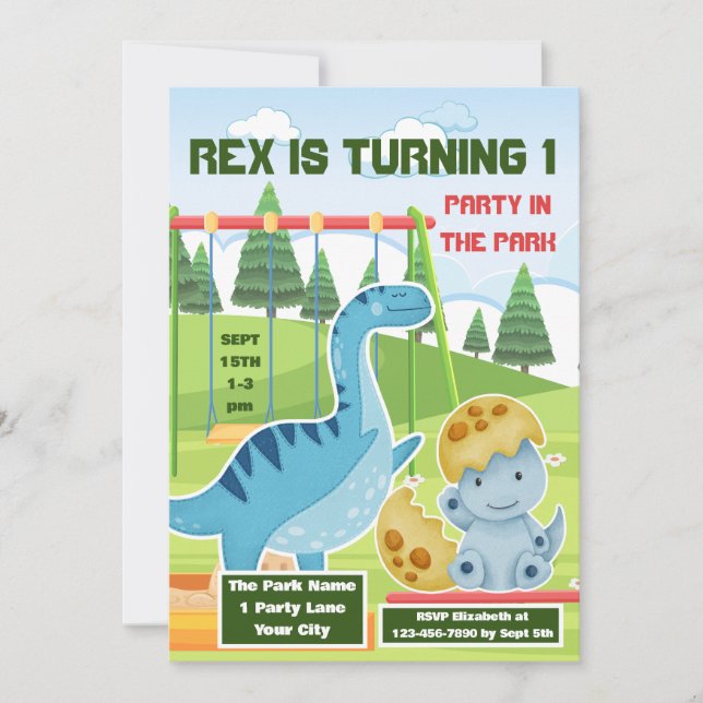 Cute Dinosaur 1st Boy's Birthday Party Invitation (Front)