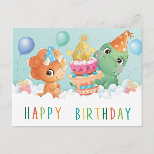 Cute dinosaur 4th birthday card (Front)