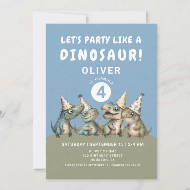 Cute Dinosaur 4th Birthday Party Invitation (Front)