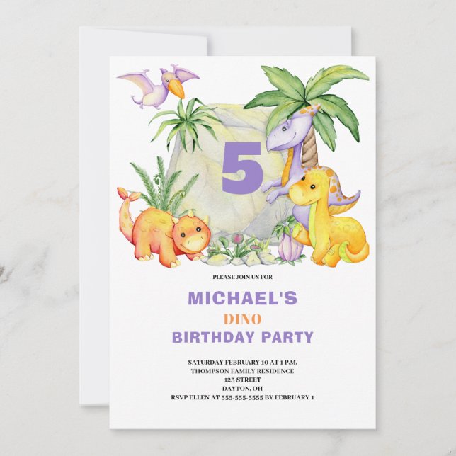 Cute Dinosaur 5th Birthday Invitation (Front)
