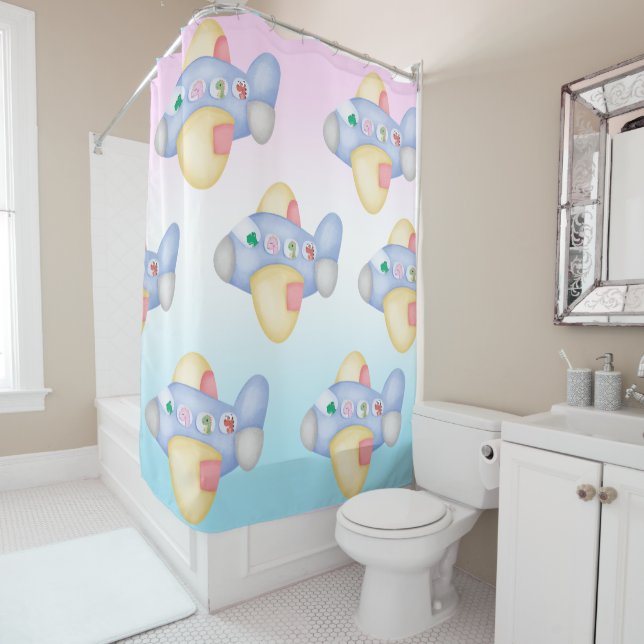 Cute dinosaur aeroplane Student kids Birthday part Shower Curtain (In Situ)