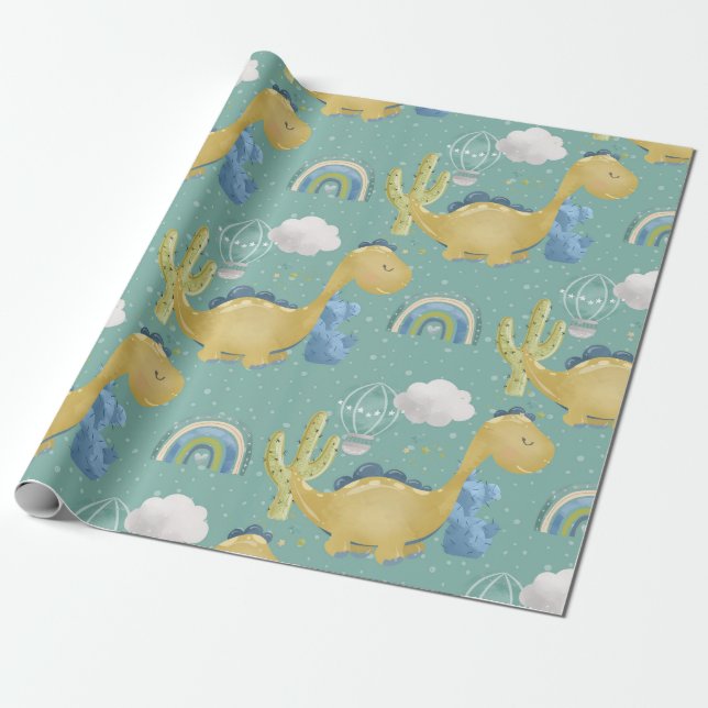 Cute Dinosaur And Cactus Baby Shower Pattern Wrapping Paper (Unrolled)