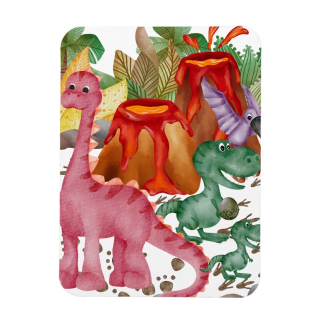 Cute Dinosaur And Erupting Volcano Magnet (Vertical)