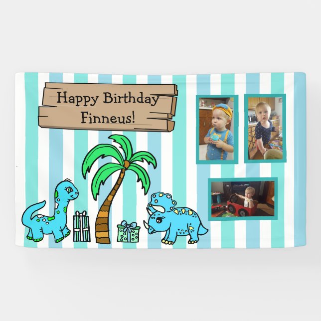 Cute Dinosaur and Photo Boy's Birthday Banner (Horizontal)