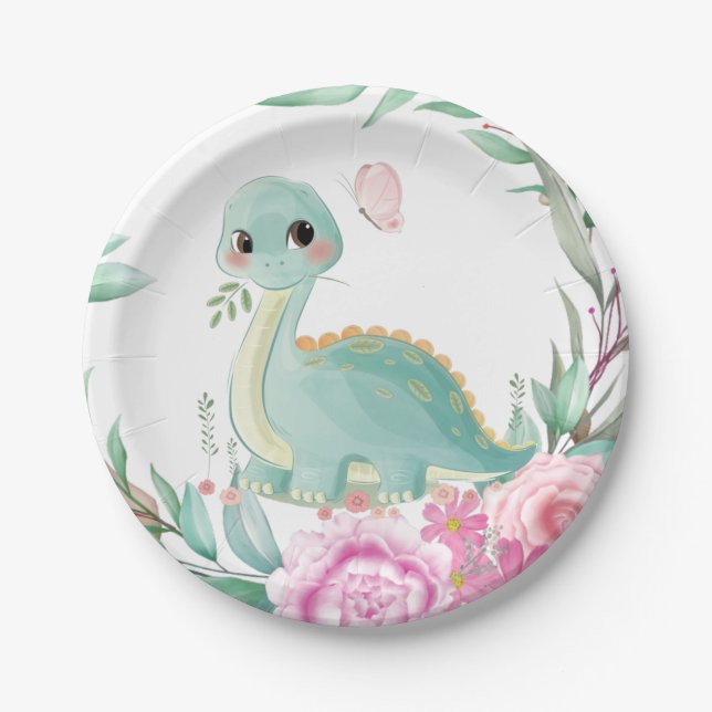 Cute Dinosaur and Pink Peonies Baby Shower Paper Plate (Front)