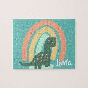 Cute Dinosaur and Rainbow Colourful Kids Art Jigsaw Puzzle