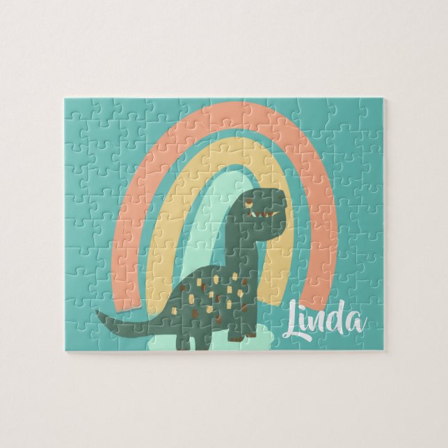 Cute Dinosaur and Rainbow Colourful Kids Art Jigsaw Puzzle (Horizontal)