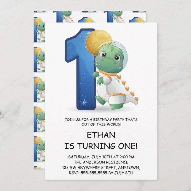 Cute Dinosaur Astronaut 1st Birthday Party Invitation (Front/Back)