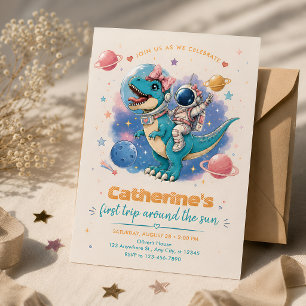 Cute Dinosaur Astronaut First Birthday Party Invitation