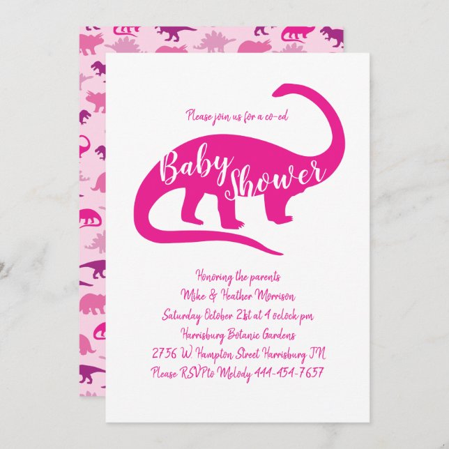 Cute Dinosaur Baby Shower Brontosaurus Pink Girl Invitation (Front/Back)