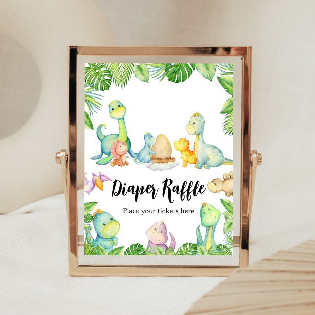 Cute Dinosaur Baby Shower Diaper Raffle Poster (Greenery Dinosaur Baby Shower Diaper Raffle Sign)