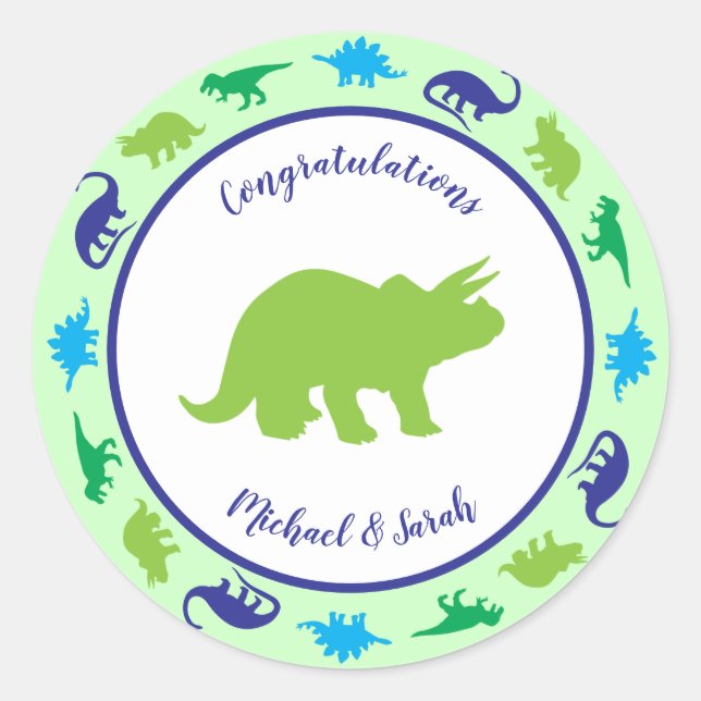 Cute Dinosaur Baby Shower Dino Blue and Green Boy Classic Round Sticker (Front)