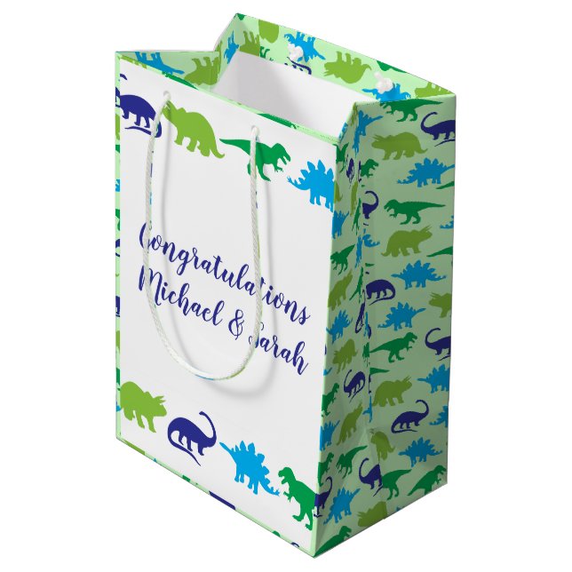 Cute Dinosaur Baby Shower Dino Blue and Green Boy Medium Gift Bag (Back Angled)