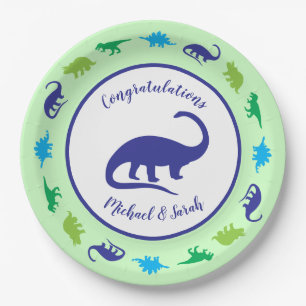 Cute Dinosaur Baby Shower Dino Blue and Green Boy Paper Plate