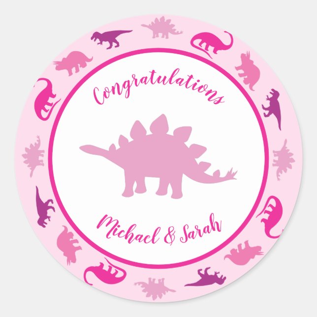 Cute Dinosaur Baby Shower Dino Pink Girl Classic Round Sticker (Front)