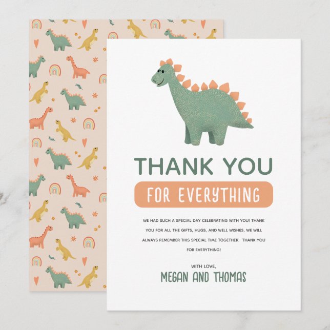 Cute Dinosaur Baby Shower Girls Thank You Card (Front/Back)