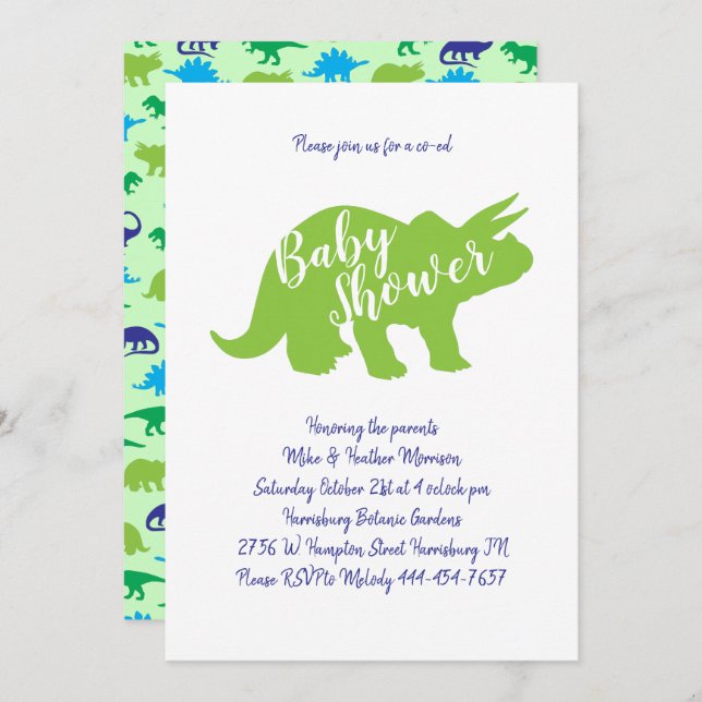 Cute Dinosaur Baby Shower Triceratops Blue Boy Invitation (Front/Back)