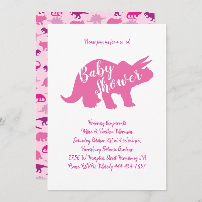 Cute Dinosaur Baby Shower Triceratops Pink Girl Invitation (Front/Back)