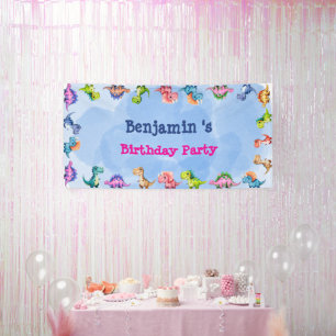 Cute Dinosaur Balloon Boy friends birthday party Banner