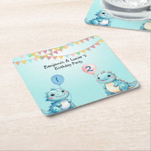 Cute Dinosaur Balloon Boy friends birthday party Square Paper Coaster