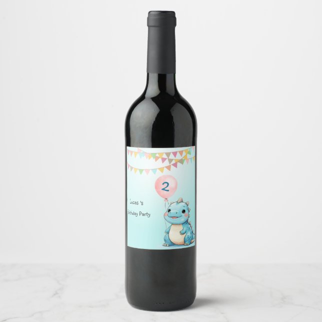 Cute Dinosaur Balloon Boy Happy birthday party Wine Label (Front)