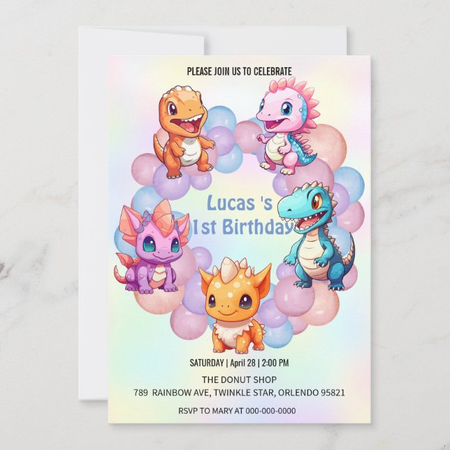 Cute dinosaur Balloon School kids birthday party  Invitation (Front)