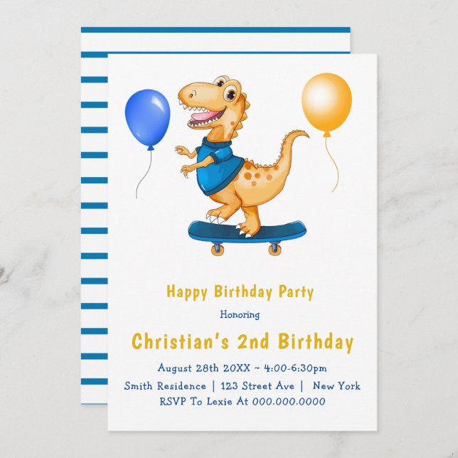 Cute Dinosaur Balloons 2nd Birthday Invitations  (Front/Back)